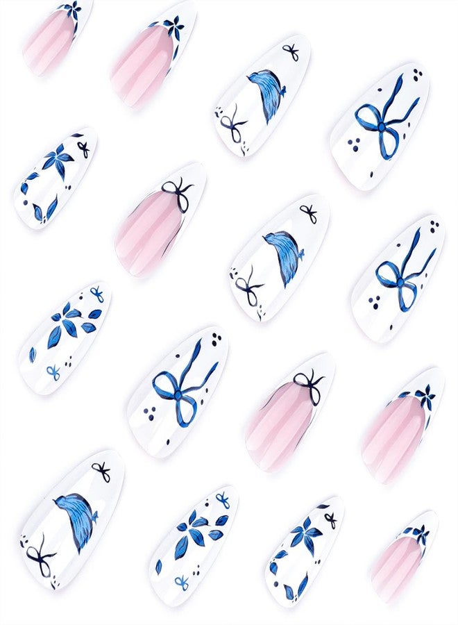 OSTTMA 24Pcs French Press on Nails Medium Almond Fake Nails Blue Flower Bow Nail Art Designs Floral Acrylic Nails Full Cover Flowers False Nail Tips Reusable Glue on Nails for Women Manicure Decoration - Image 2